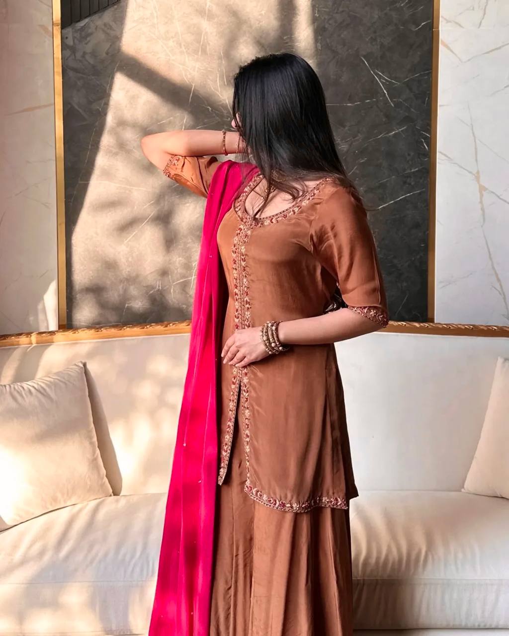Luxe Brown Zari-Embroidered Flared Set